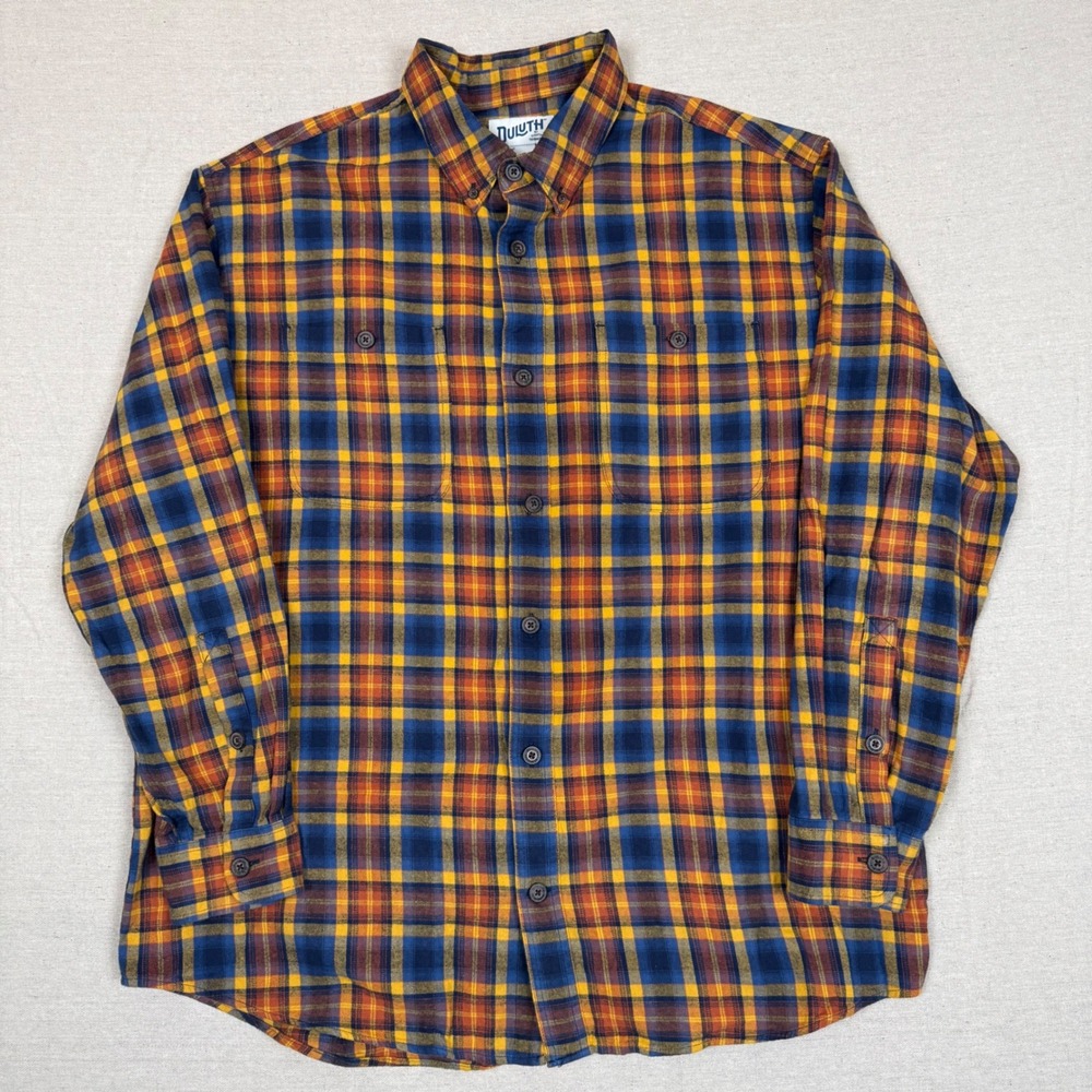 Duluth Flannel Shirt XL 26.5x32.5 Plaid Blue Orange Yellow Relaxed Fit Outdoorsy